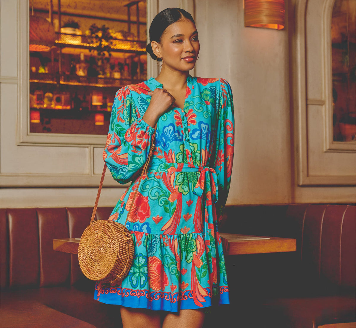 Long Sleeve Printed Flounce Dress In Blue Multi