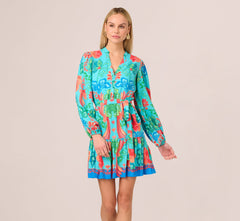 Long Sleeve Printed Flounce Dress In Blue Multi