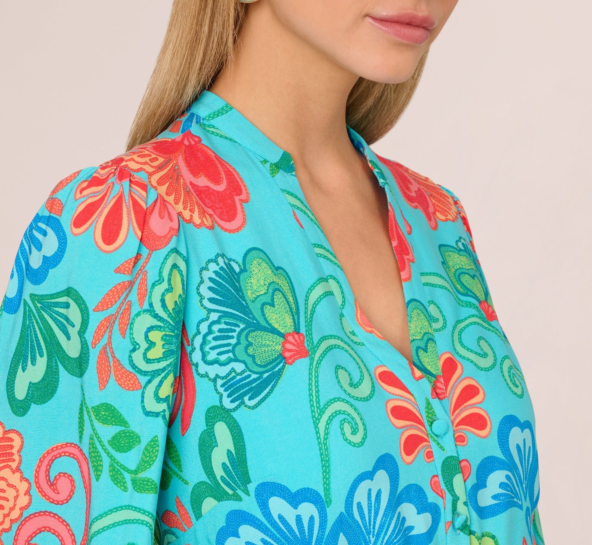 Long Sleeve Printed Flounce Dress In Blue Multi