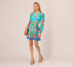 Long Sleeve Printed Flounce Dress In Blue Multi