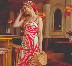 Beaded Strap Palm Leaf Flounce Sundress In Red Ivory
