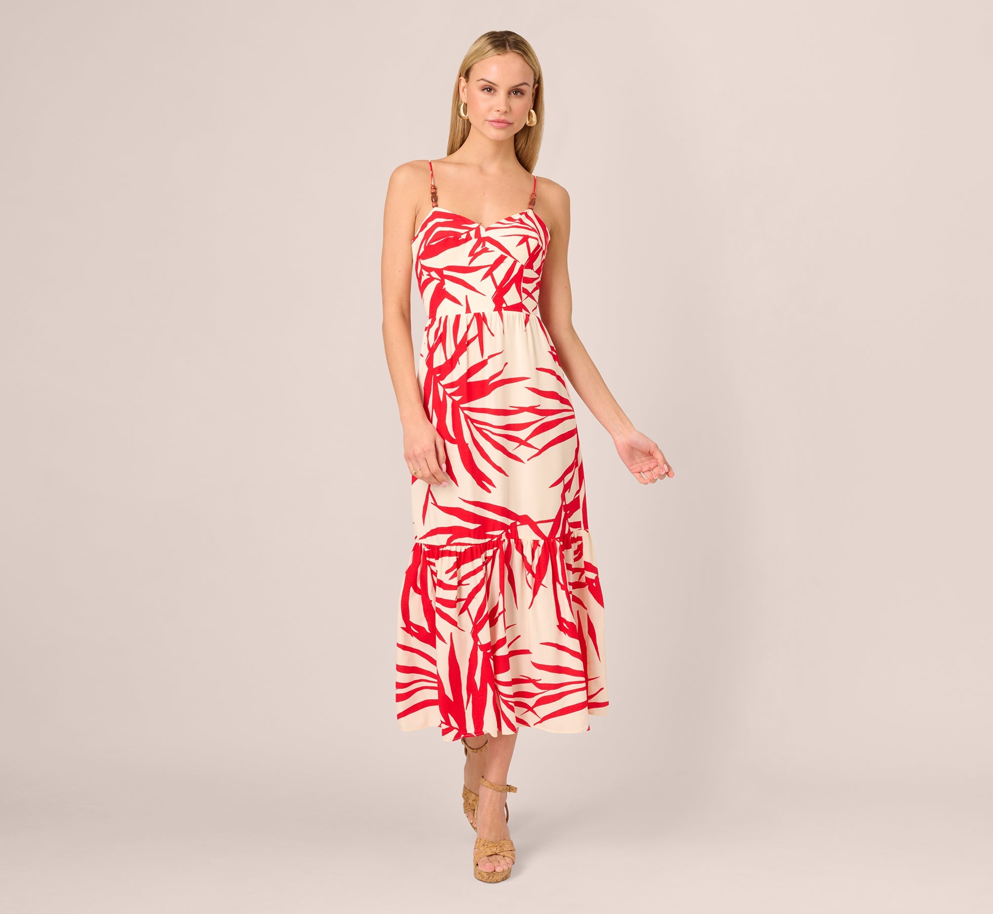Beaded Strap Palm Leaf Flounce Sundress In Red Ivory
