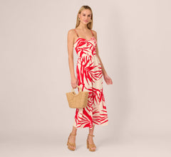 Beaded Strap Palm Leaf Flounce Sundress In Red Ivory