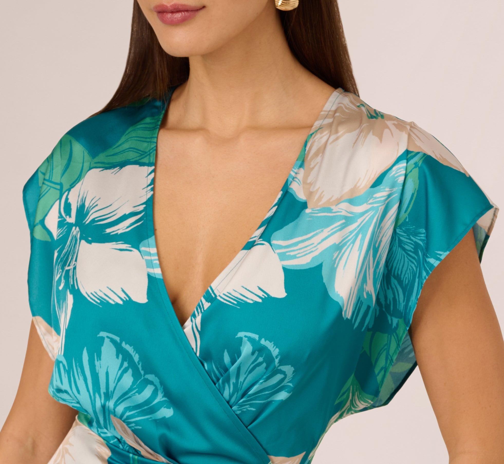 Short Sleeve Tropical Floral Short Wrap Dress In Blue Multi