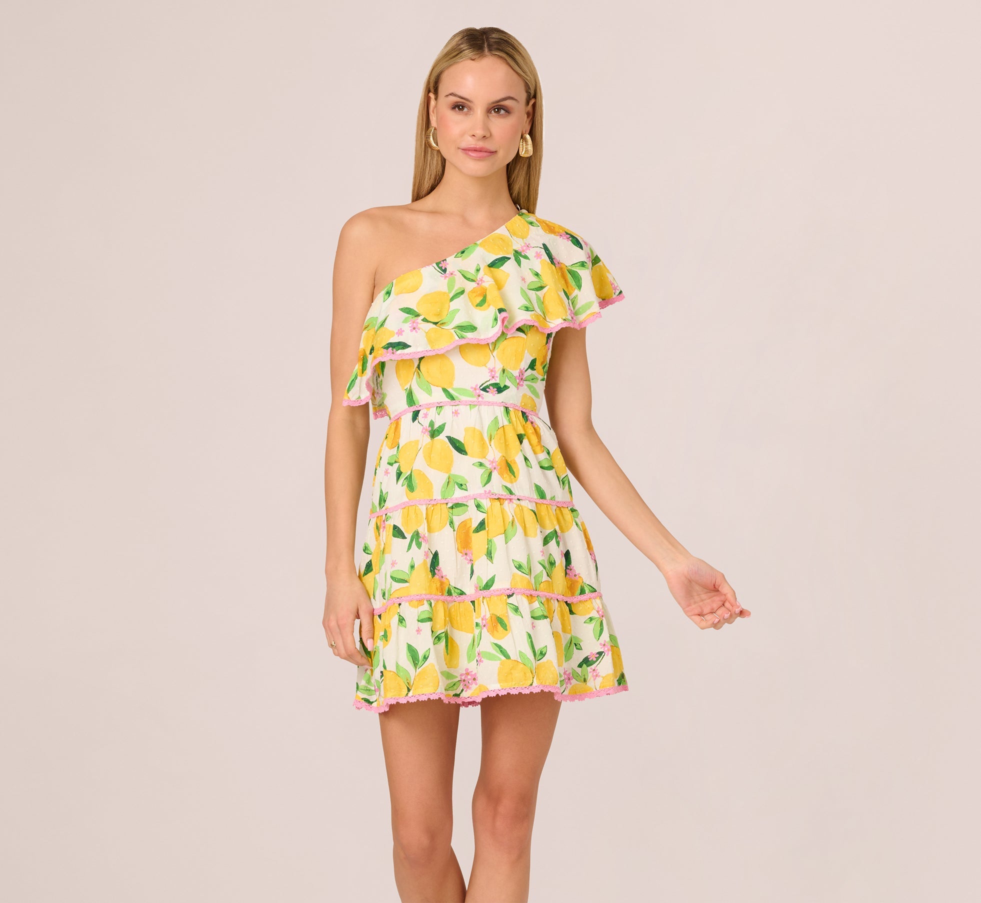 One Shoulder Ruffle Lemon Print Mini Dress In White Multi