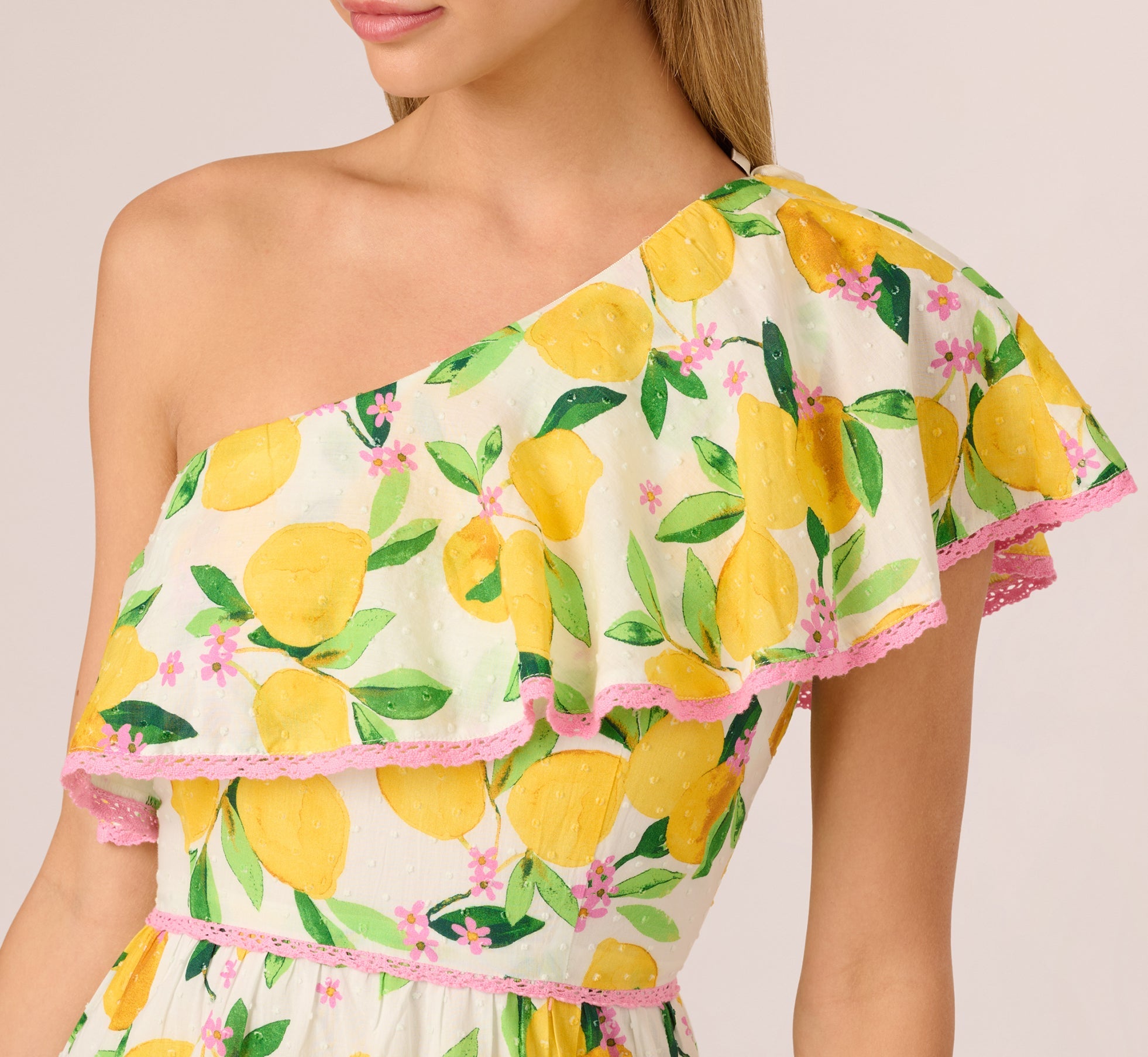 One Shoulder Ruffle Lemon Print Mini Dress In White Multi