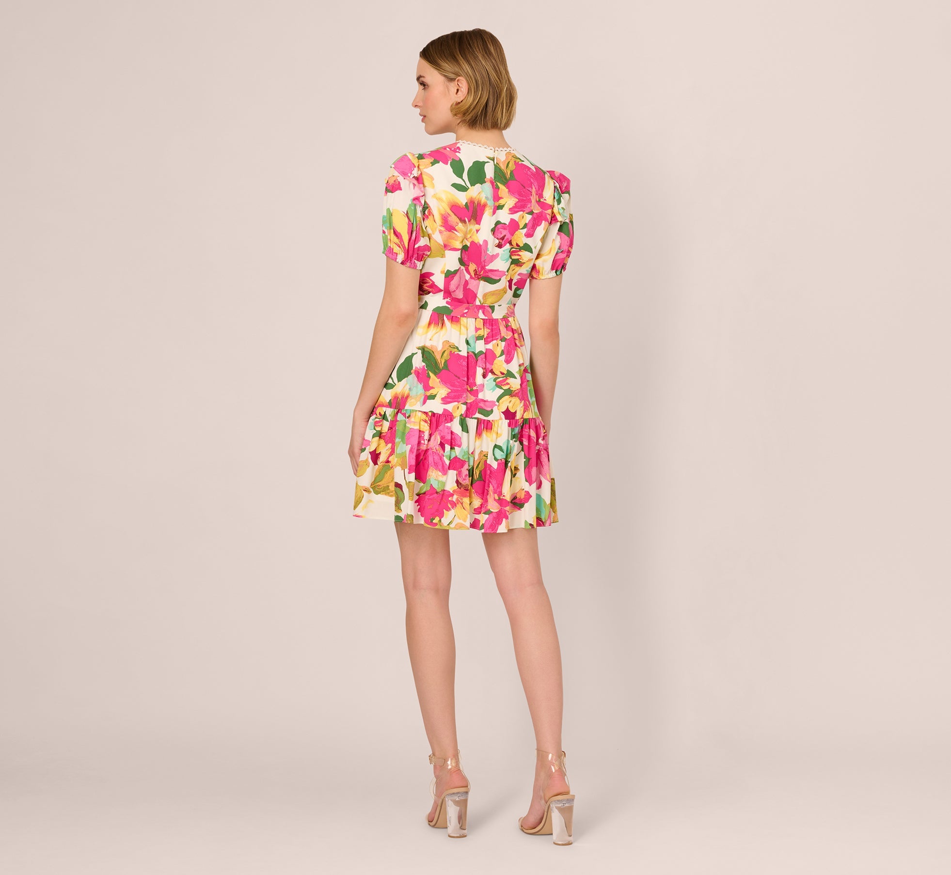 Puff Sleeve Flounce Mini Dress In White Multi