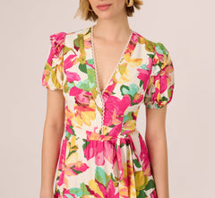 Puff Sleeve Flounce Mini Dress In White Multi