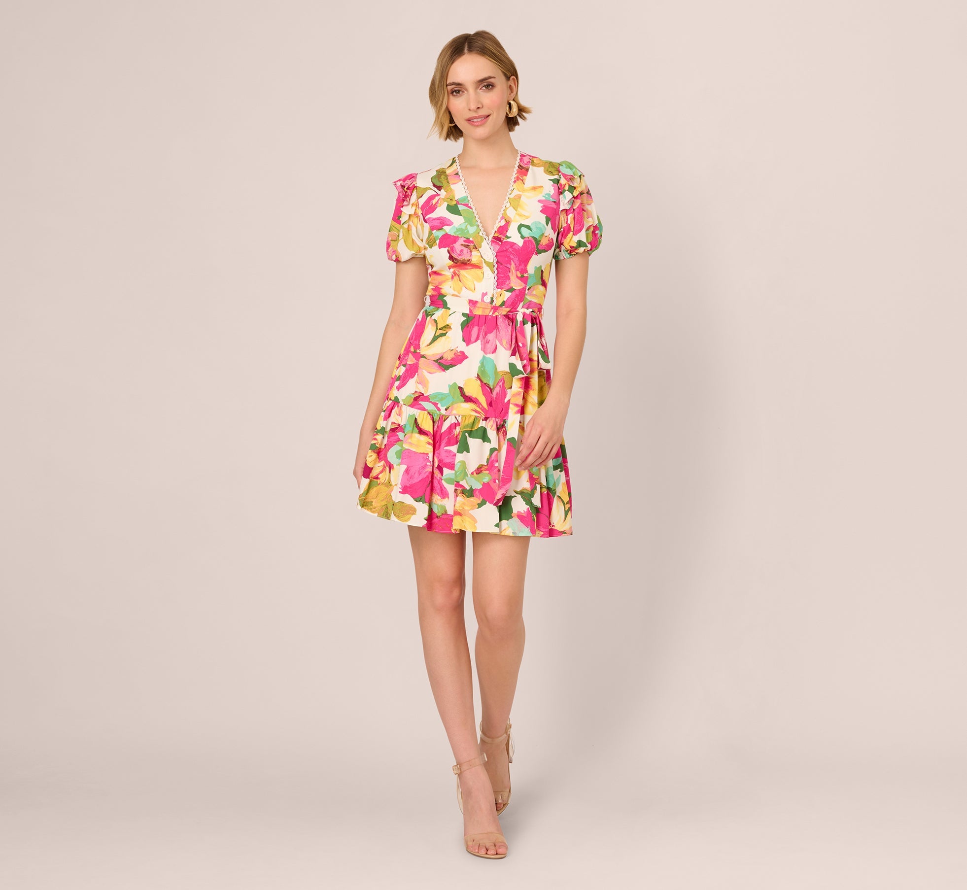 Puff Sleeve Flounce Mini Dress In White Multi