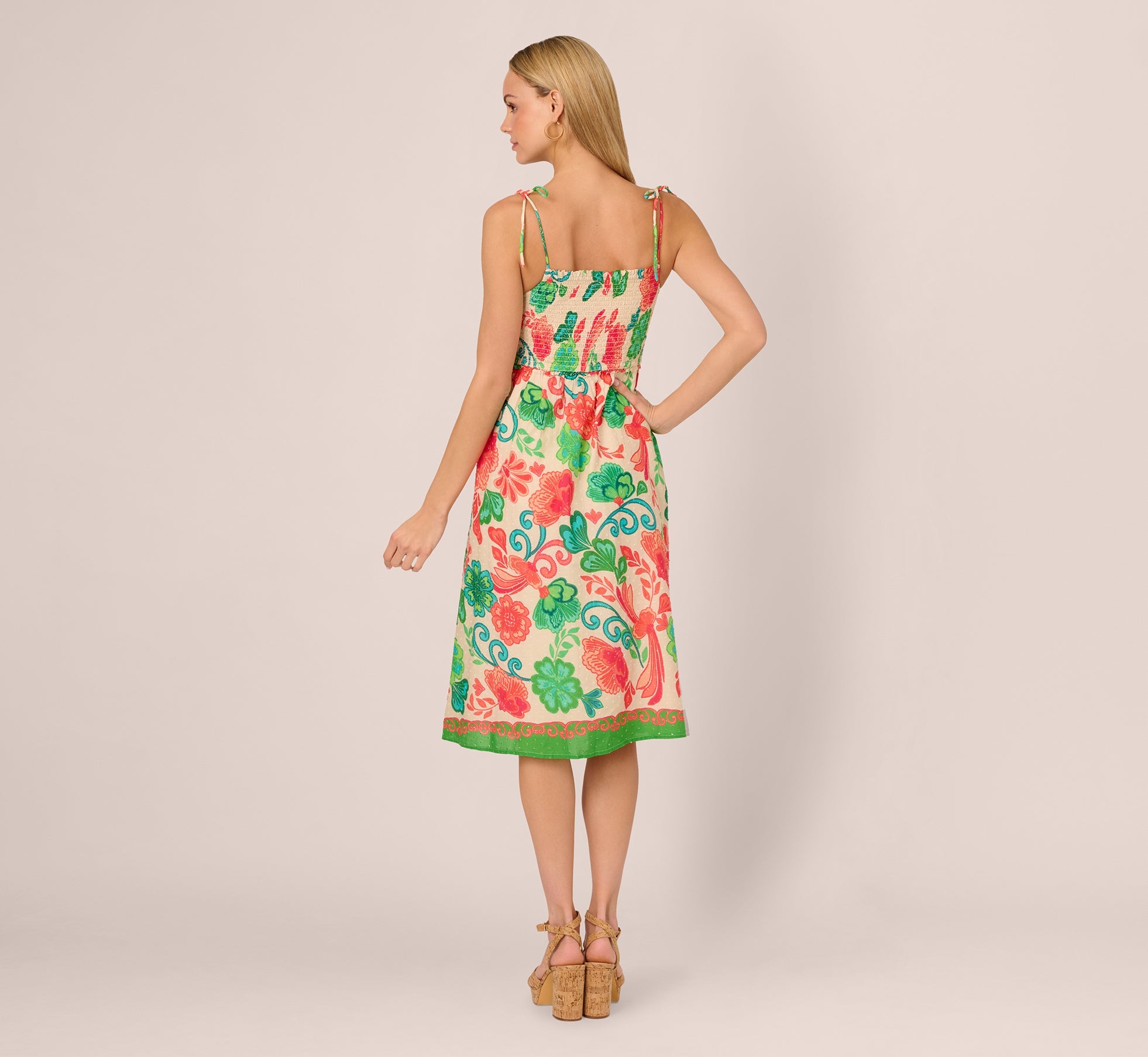 Floral Shirred Cotton Midi Sundress In Ivory Multi