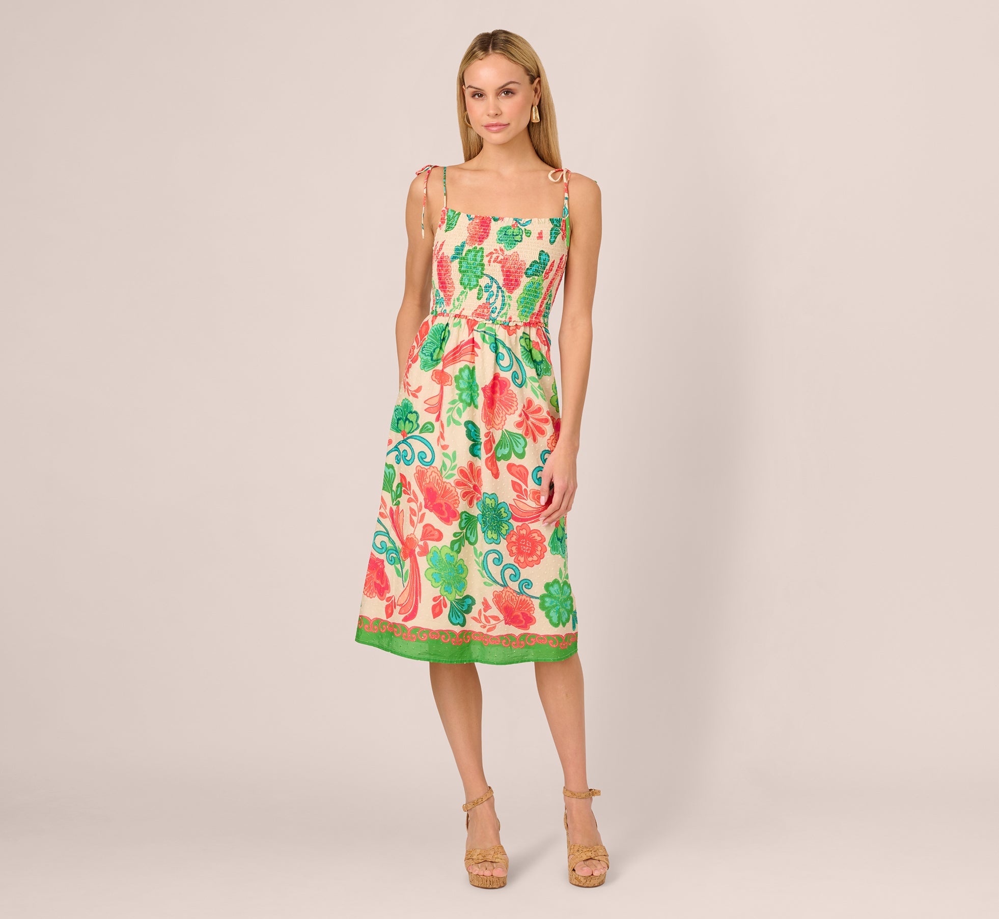 Floral Shirred Cotton Midi Sundress In Ivory Multi