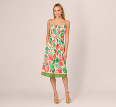 Floral Shirred Cotton Midi Sundress In Ivory Multi