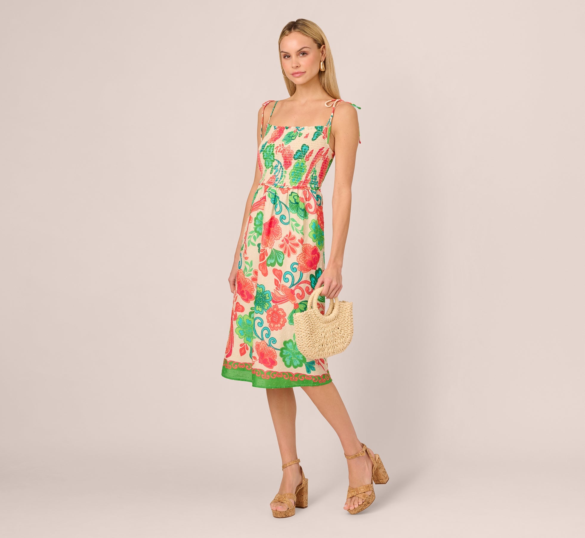 Floral Shirred Cotton Midi Sundress In Ivory Multi