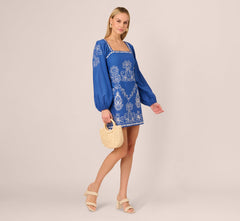 Long Sleeve Embroidered Cotton Mini Dress In Blue White