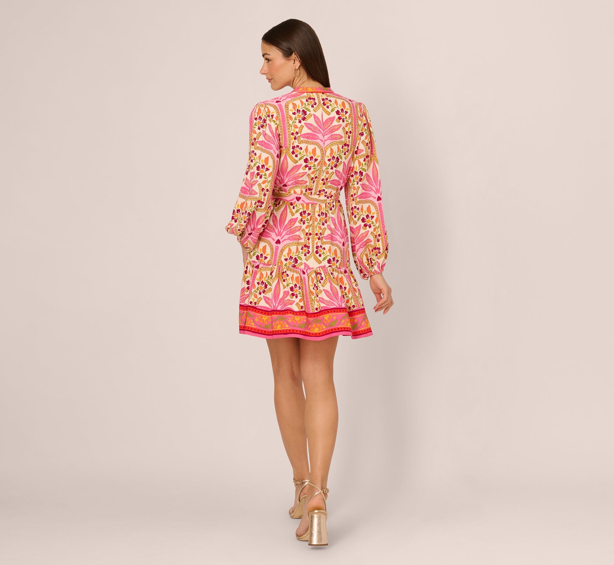Long Sleeve Printed Short Flounce Dress In Pink Multi