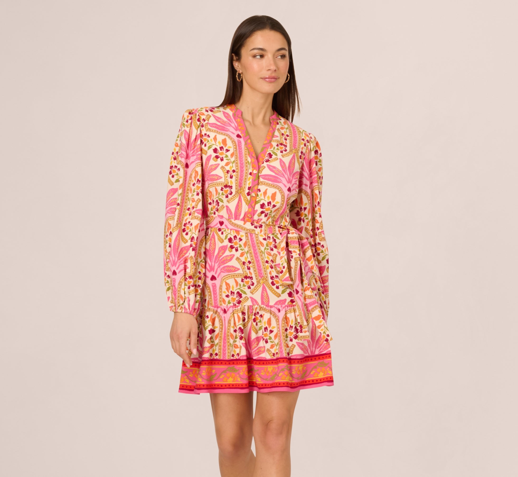 Long Sleeve Printed Short Flounce Dress In Pink Multi