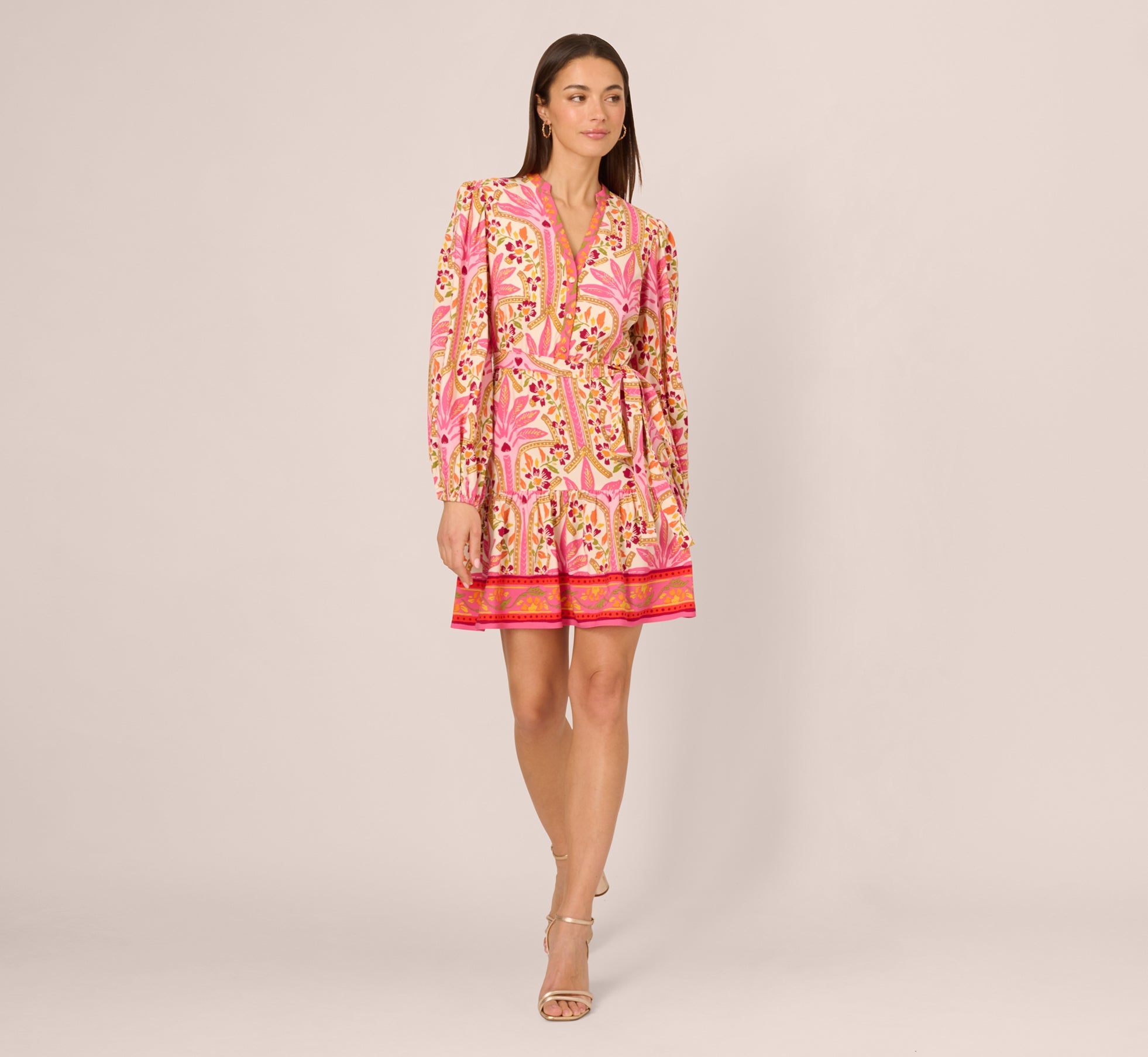 Long Sleeve Printed Short Flounce Dress In Pink Multi