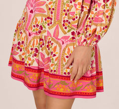 Long Sleeve Printed Short Flounce Dress In Pink Multi
