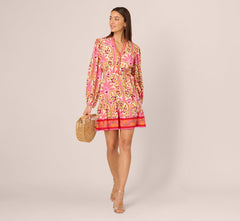 Long Sleeve Printed Short Flounce Dress In Pink Multi