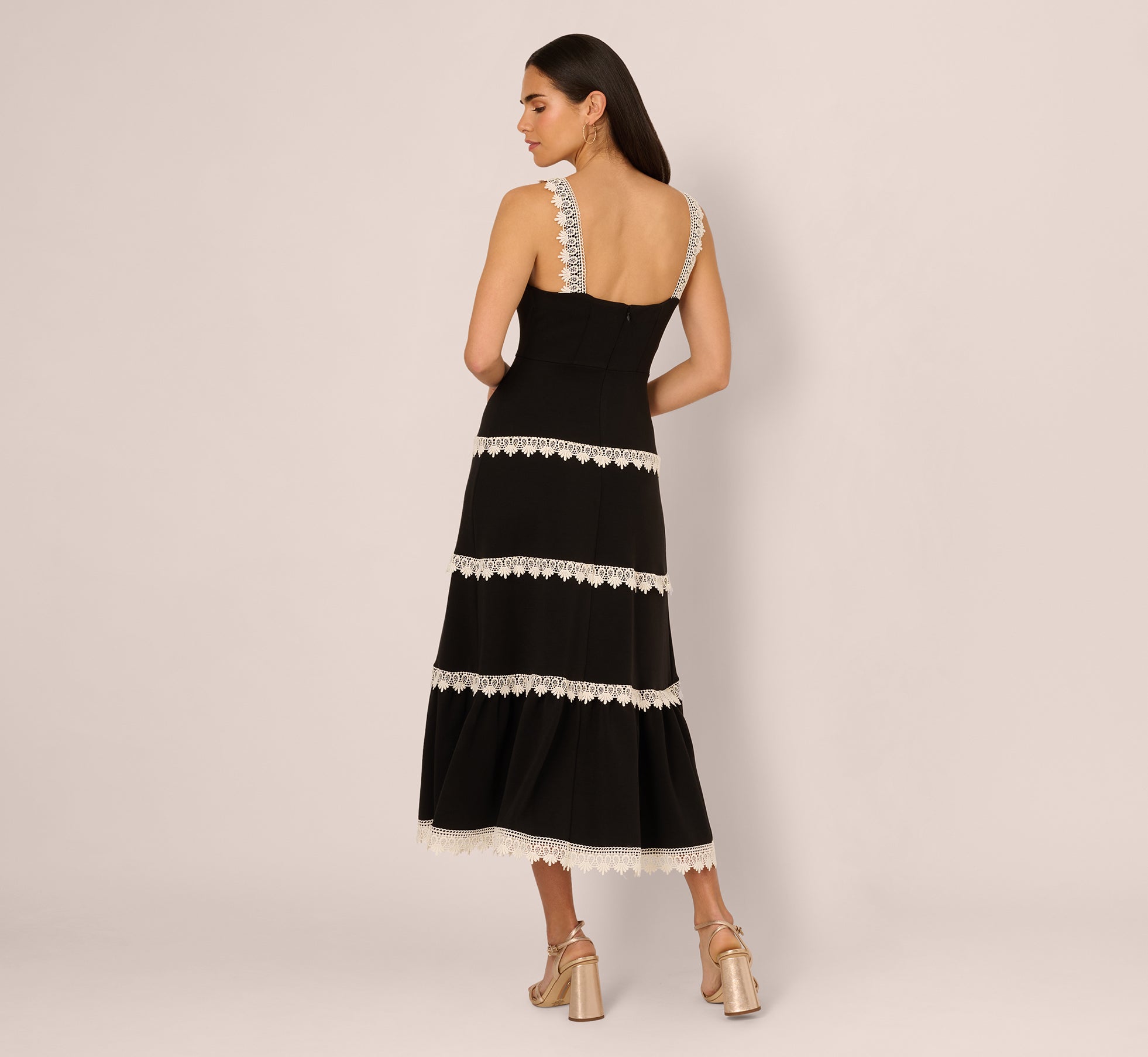 Sleeveless Crochet Lace A Line Midi Dress In Black Ecru