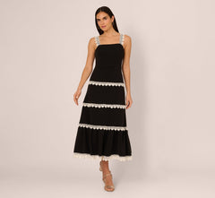 Sleeveless Crochet Lace A Line Midi Dress In Black Ecru