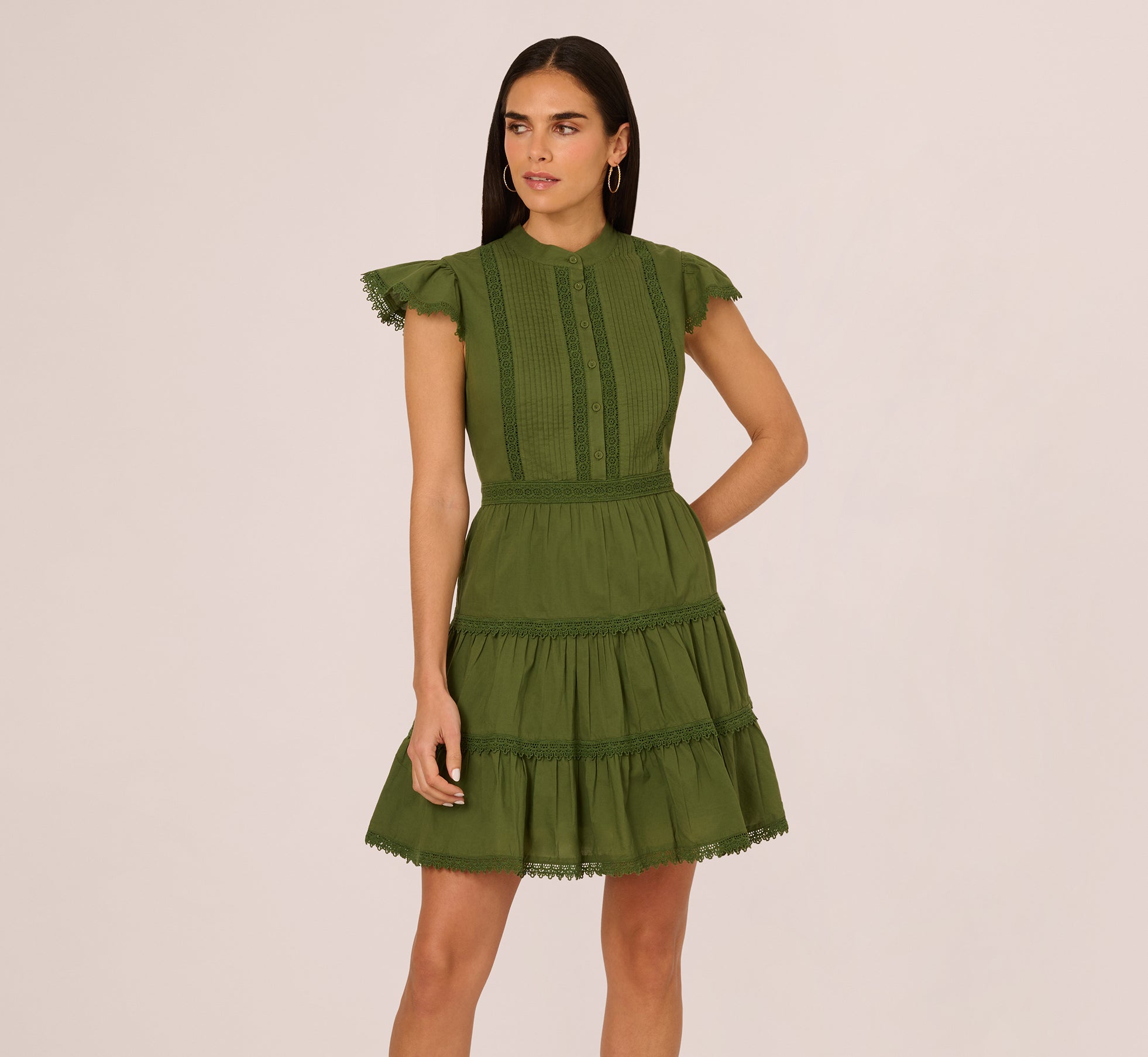 Flutter Sleeve Lace Short Cotton Dress In Olive Green