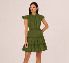 Flutter Sleeve Lace Short Cotton Dress In Olive Green