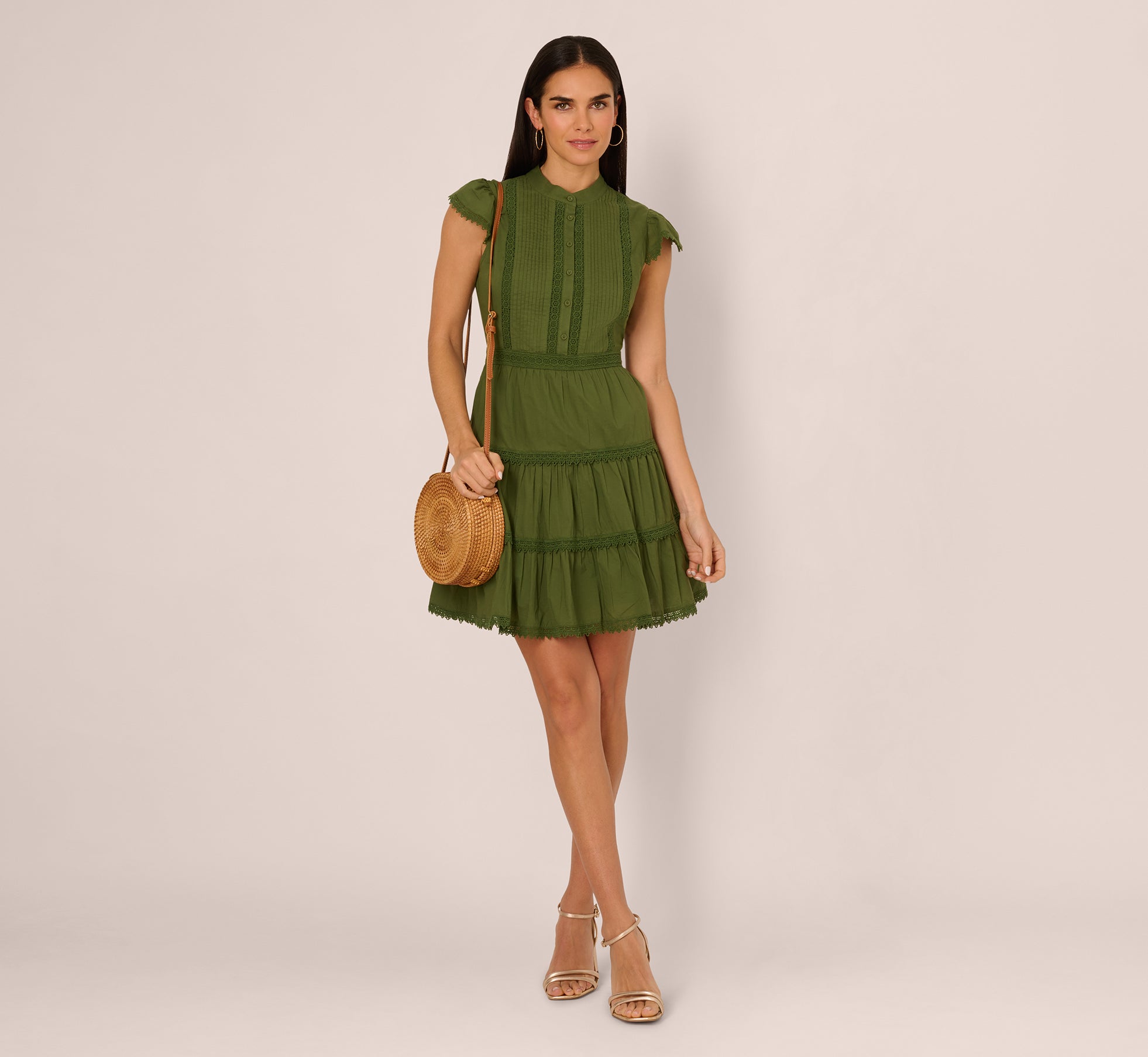 Flutter Sleeve Lace Short Cotton Dress In Olive Green