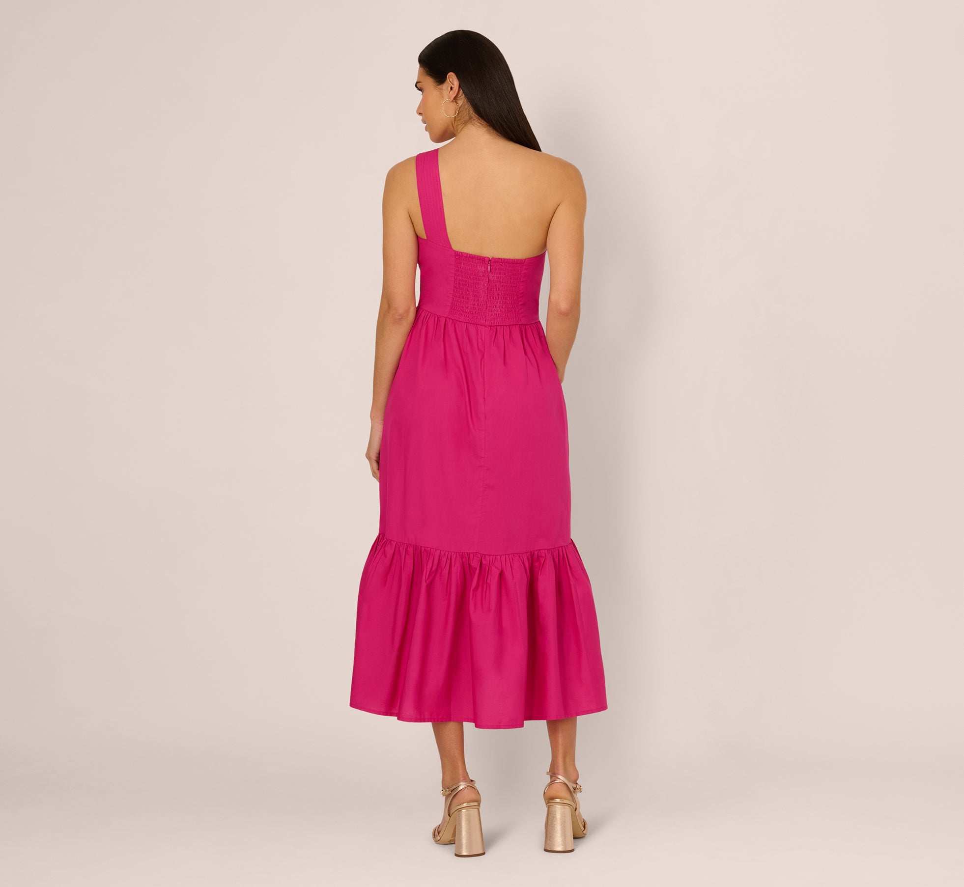 One Shoulder Floral Applique Cotton Midi Dress In Pink