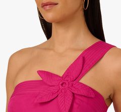 One Shoulder Floral Applique Cotton Midi Dress In Pink