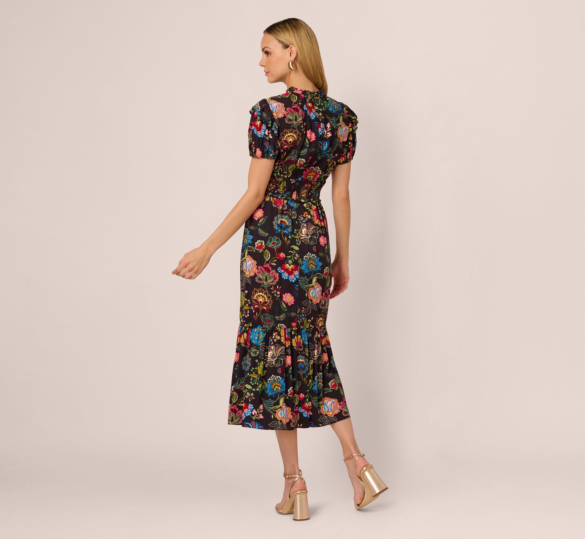 Puff Sleeve Floral Midi Flounce Dress In Black Multi