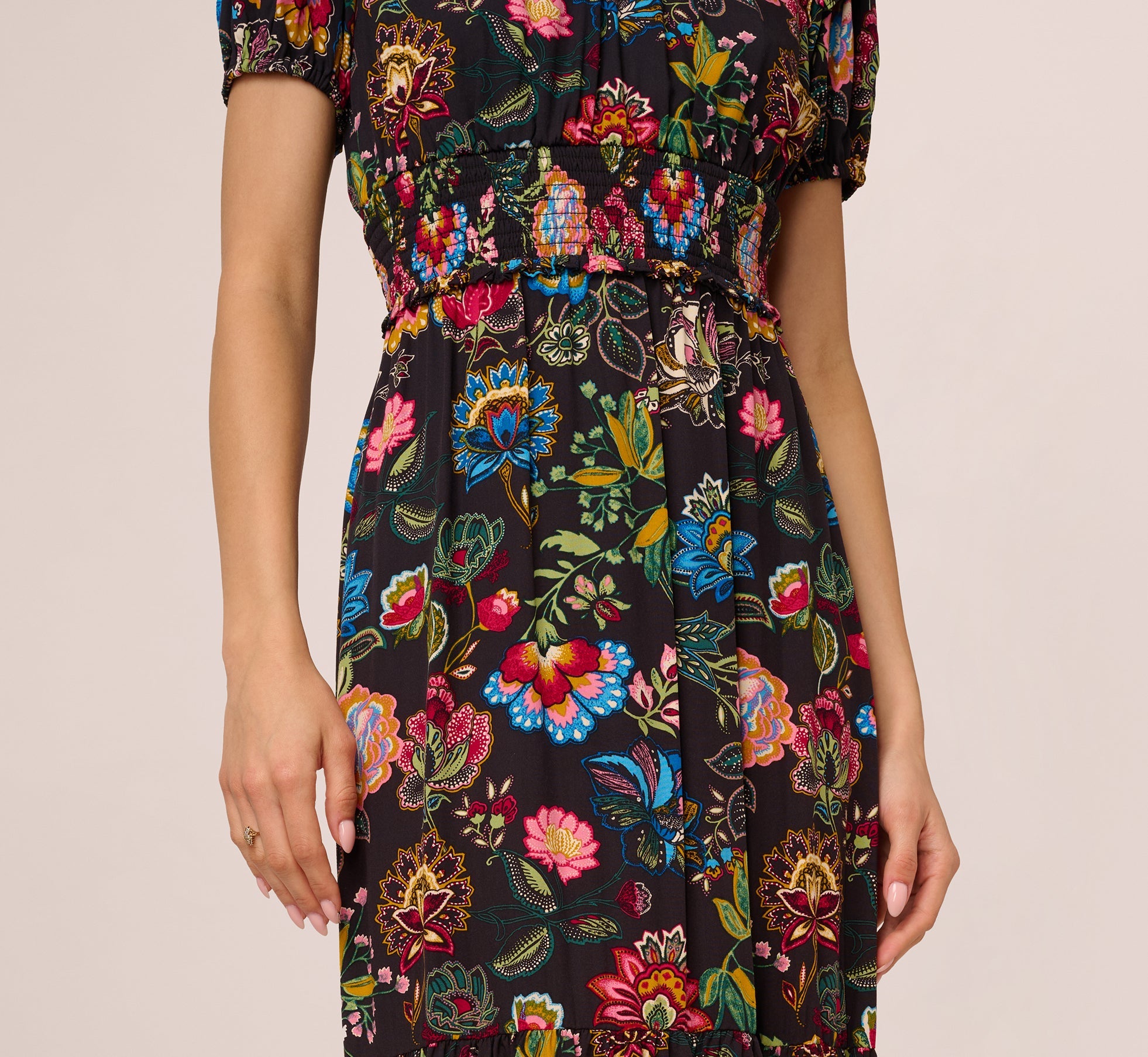 Puff Sleeve Floral Midi Flounce Dress In Black Multi