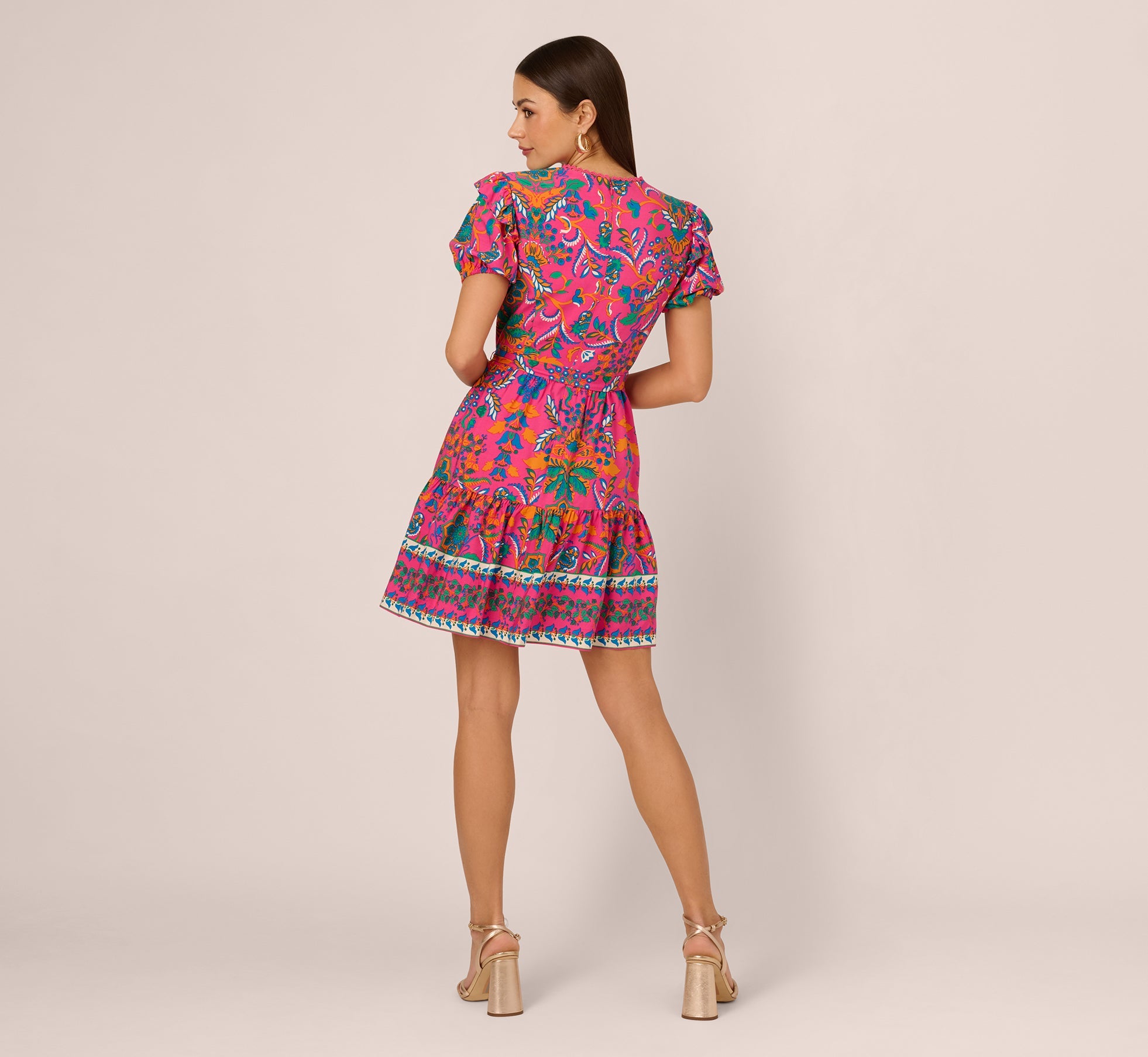 Puff Sleeve Retro Printed Short Dress In Hot Pink Multi