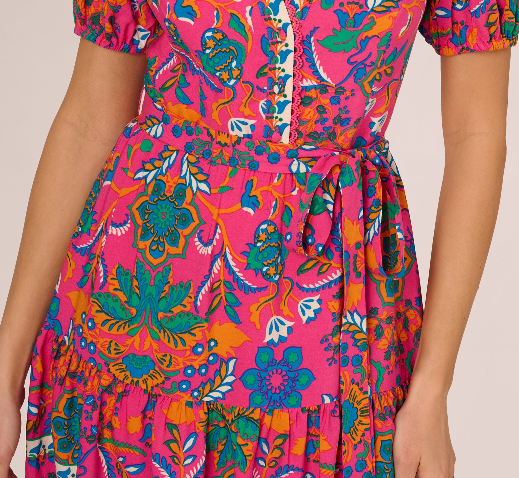 Puff Sleeve Retro Printed Short Dress In Hot Pink Multi