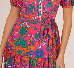 Puff Sleeve Retro Printed Short Dress In Hot Pink Multi