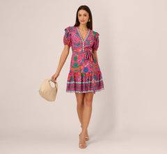 Puff Sleeve Retro Printed Short Dress In Hot Pink Multi