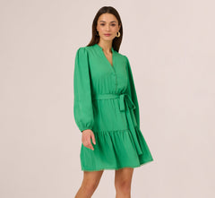 Long Sleeve Scallop Trim Short Dress In Green