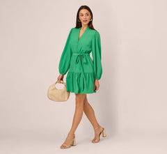 Long Sleeve Scallop Trim Short Dress In Green