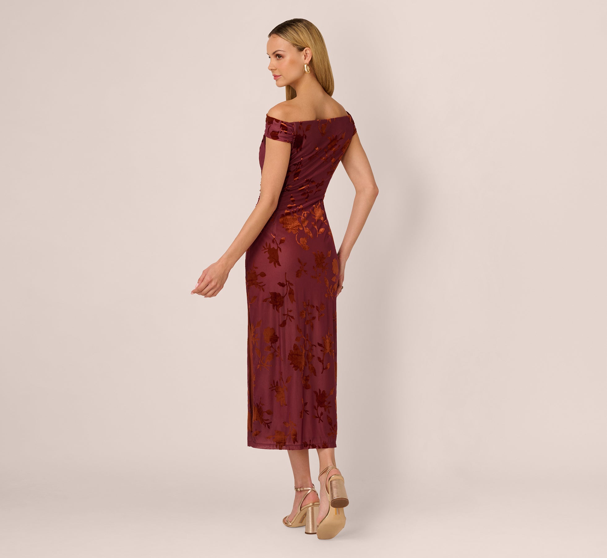 Off Shoulder Burnout Velvet Midi Dress In Amber