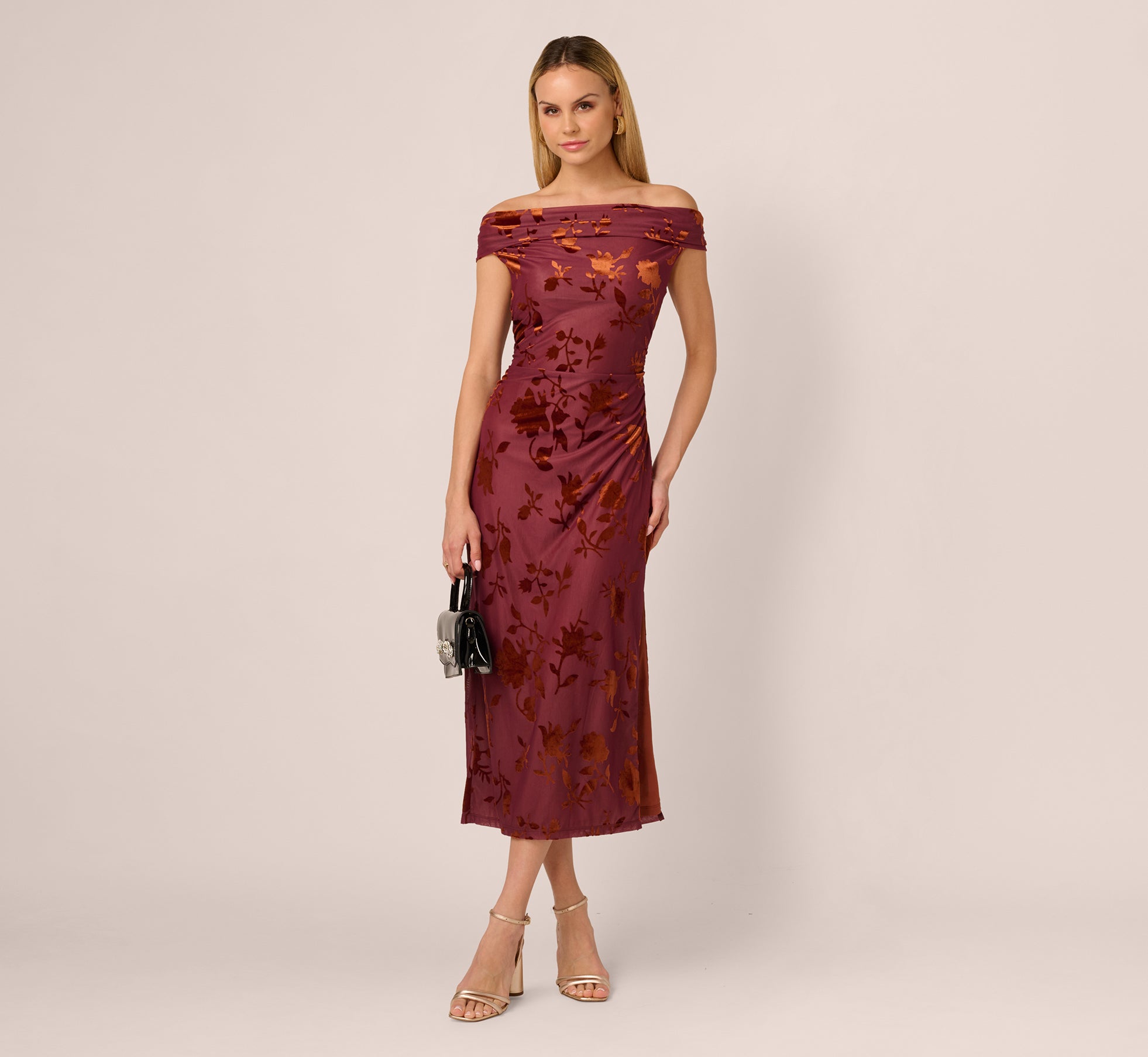 Off Shoulder Burnout Velvet Midi Dress In Amber