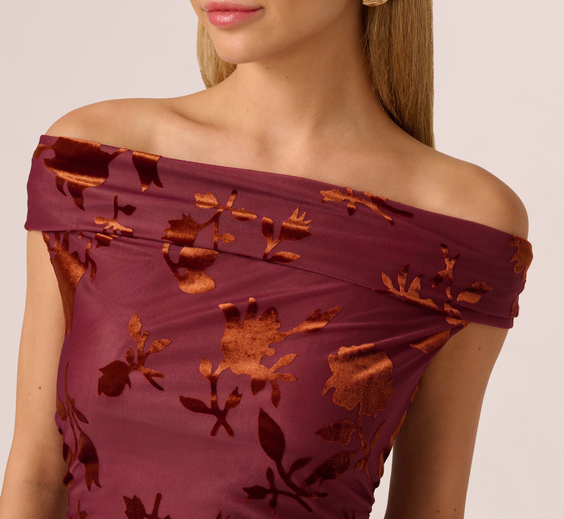 Off Shoulder Burnout Velvet Midi Dress In Amber