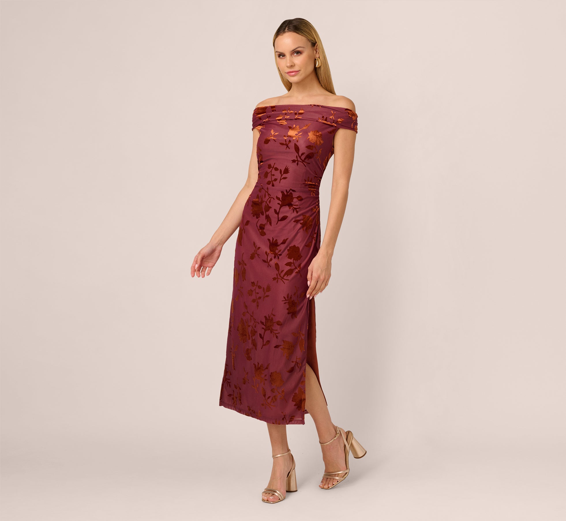 Off Shoulder Burnout Velvet Midi Dress In Amber