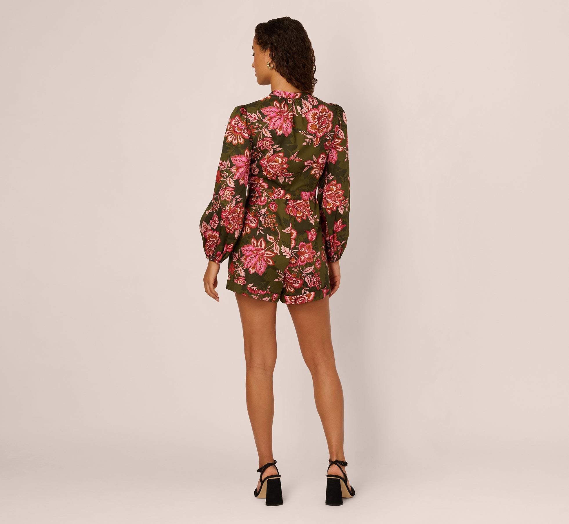 Bishop Sleeve Button Front Floral Romper In Olive Multi