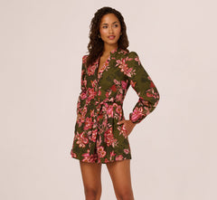 Bishop Sleeve Button Front Floral Romper In Olive Multi