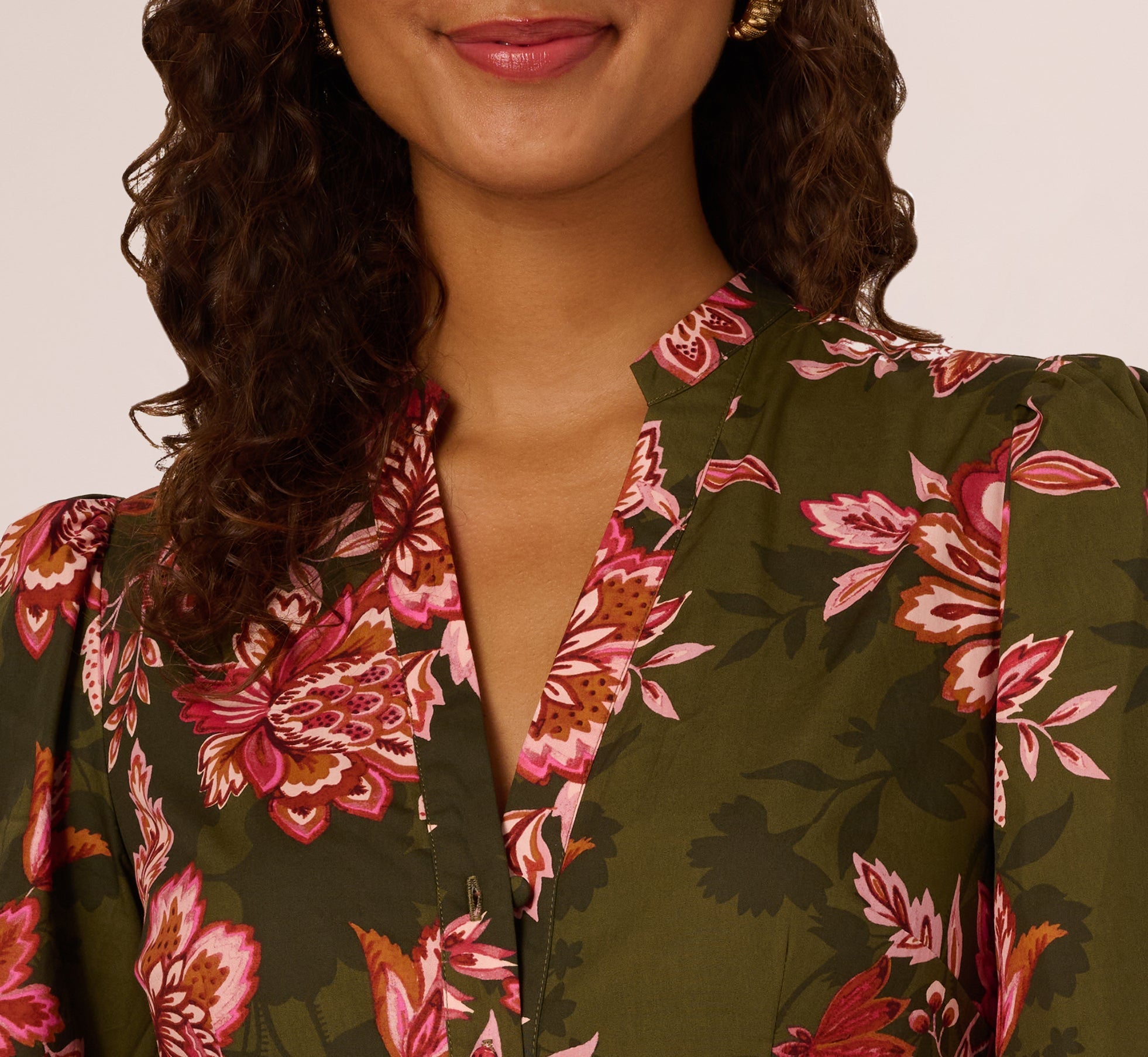 Bishop Sleeve Button Front Floral Romper In Olive Multi