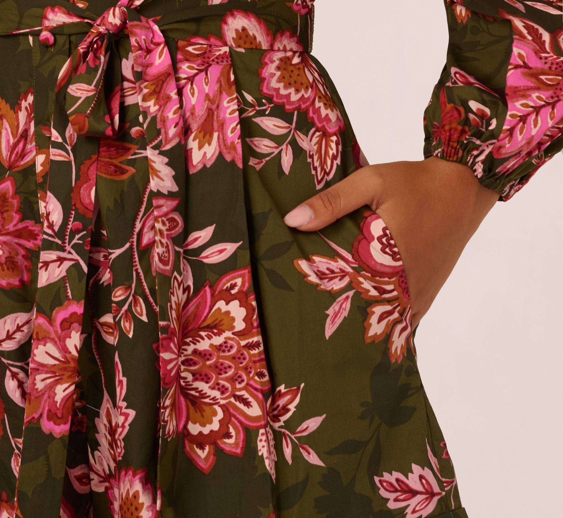 Bishop Sleeve Button Front Floral Romper In Olive Multi