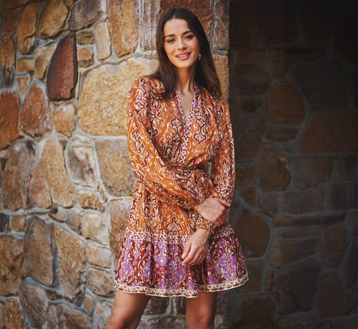 Bishop Sleeve Metallic Paisley A Line Dress In Brown Multi