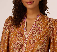 Bishop Sleeve Metallic Paisley A Line Dress In Brown Multi
