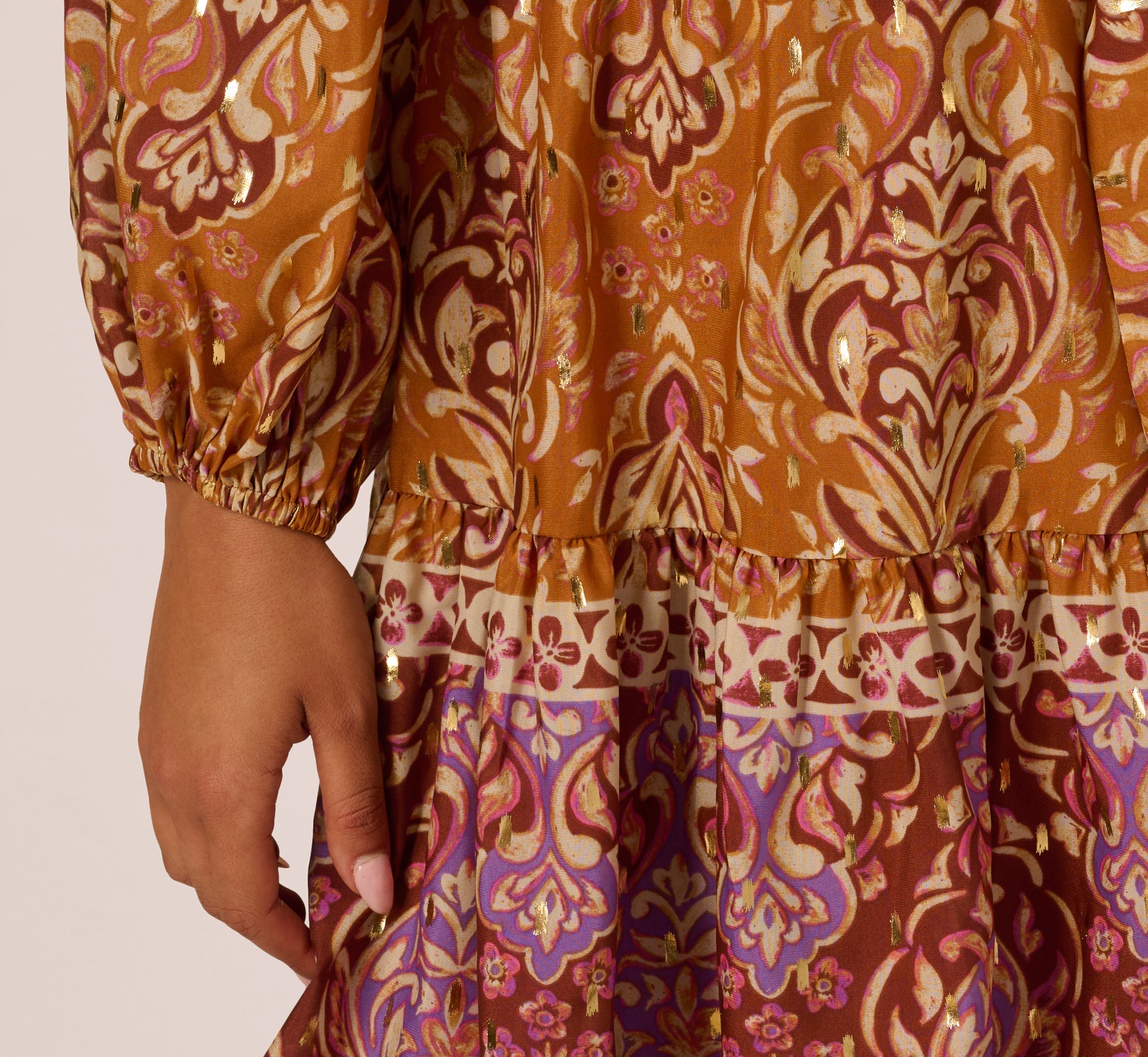 Bishop Sleeve Metallic Paisley A Line Dress In Brown Multi