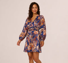 Long Sleeve Paisley Stripe Short Dress In Blue Multi